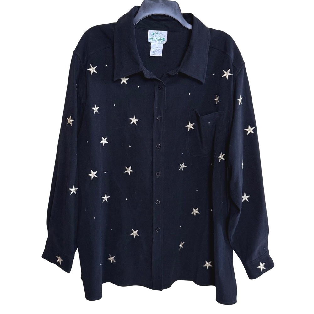 Quacker Factory Celestial Button Front Shirt Women Plus Size2X Black Embroidered